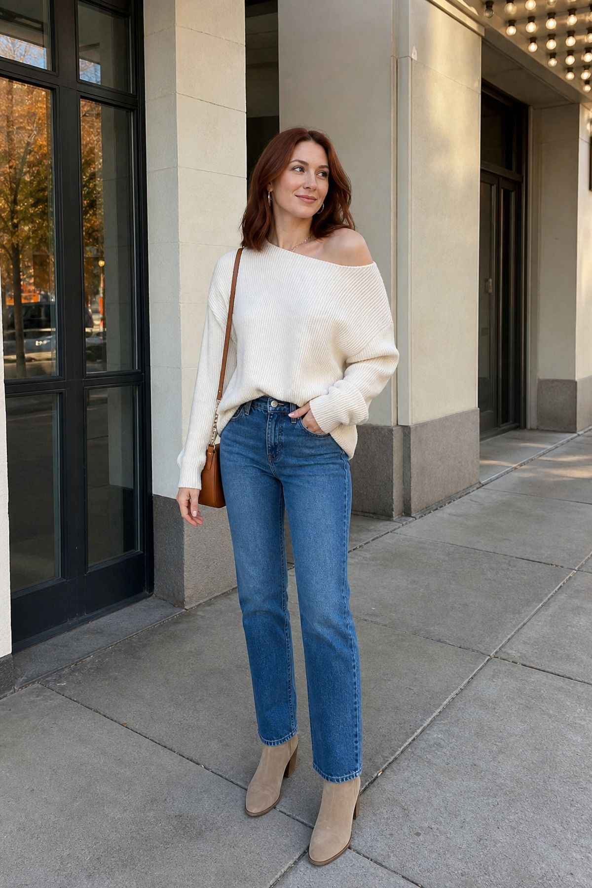 Woman wearing straight jeans with a soft off-shoulder sweater, a movie date outfit