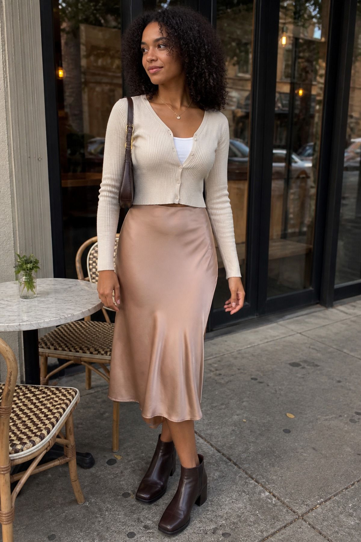 Woman wearing a slip skirt with a cropped cardigan, a movie date outfit