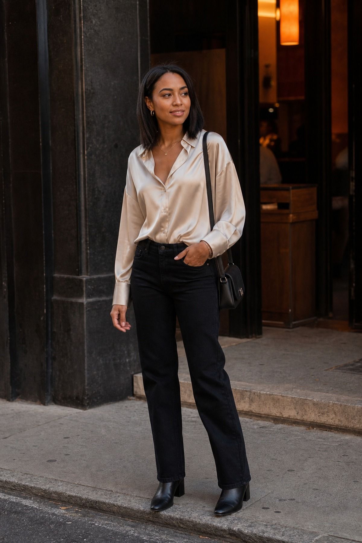 Woman wearing black jeans with a satin blouse, a movie date outfit