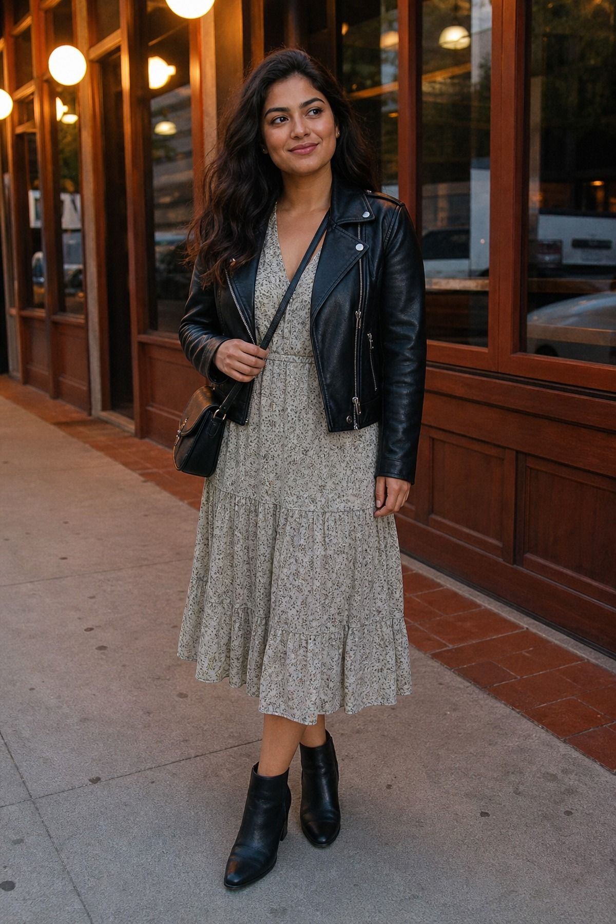 Woman wearing a leather jacket with a midi dress, a movie date outfit