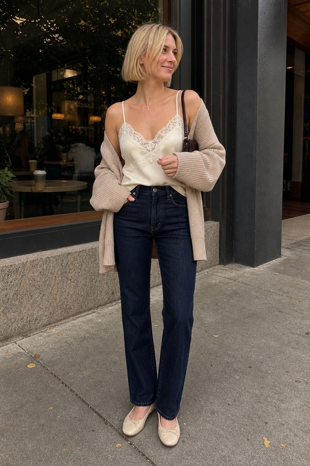 Woman wearing a dark denim with a lace trim cami, a movie date outfit