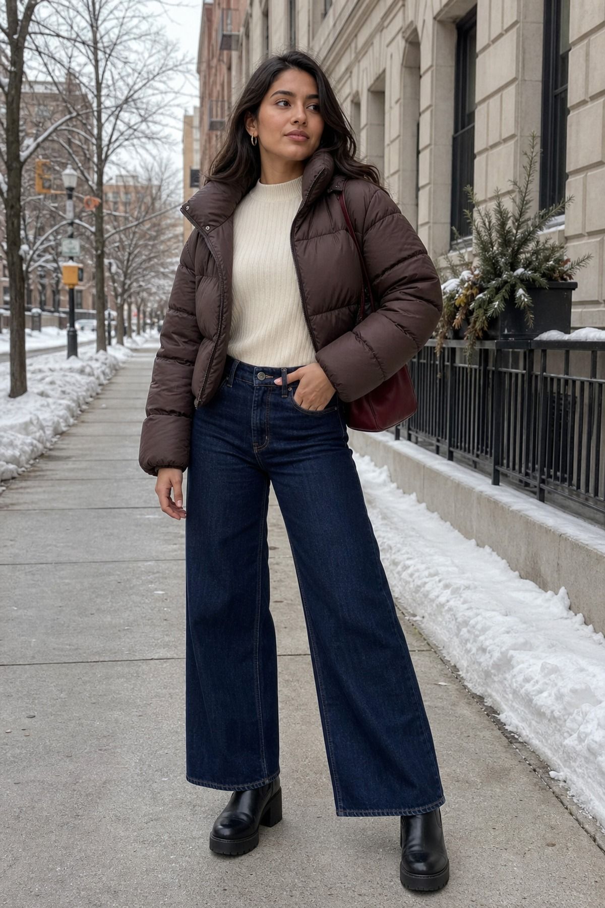 Woman wearing a cropped puffer with wide-leg jeans, a puffer jacket outfit