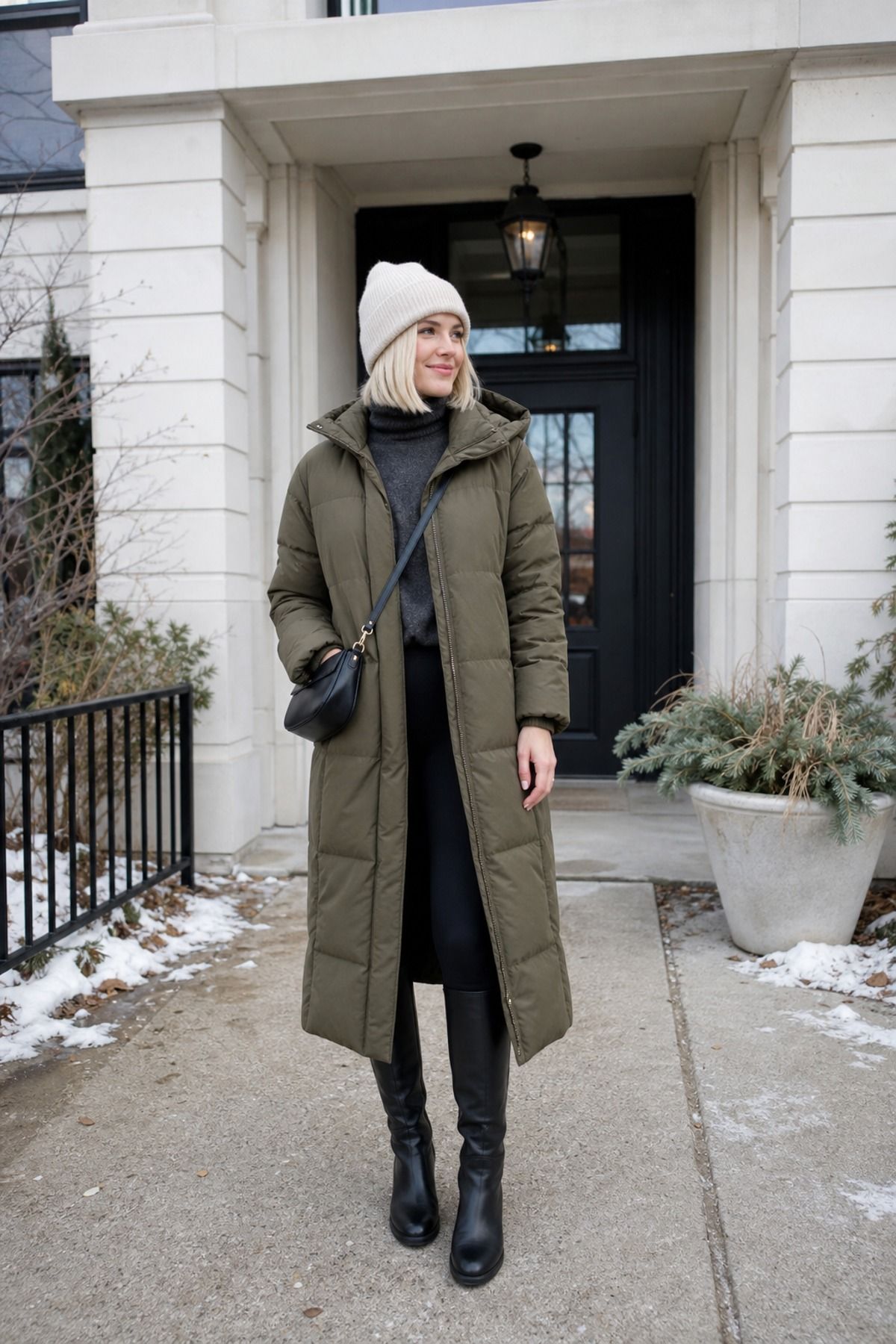 Woman wearing a long puffer with leggings, a puffer jacket outfit
