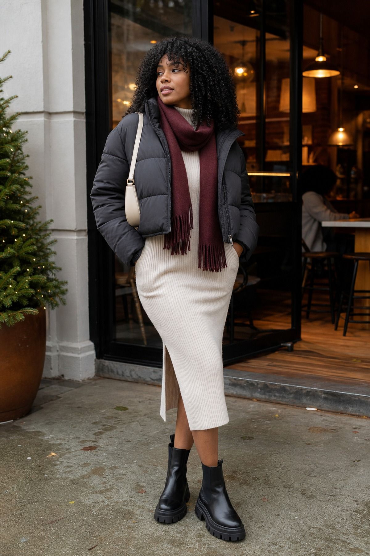 Woman wearing a puffer jacket with a sweater dress
