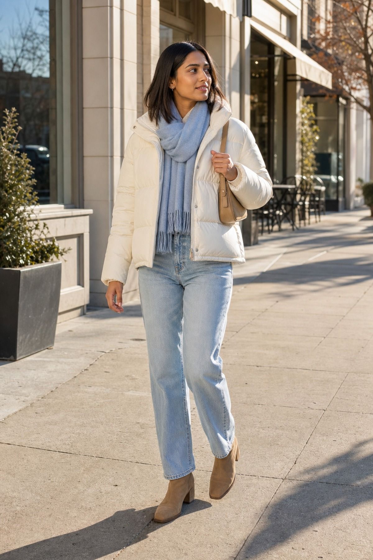 Woman wearing a cream puffer with light denim, a puffer jacket outfit