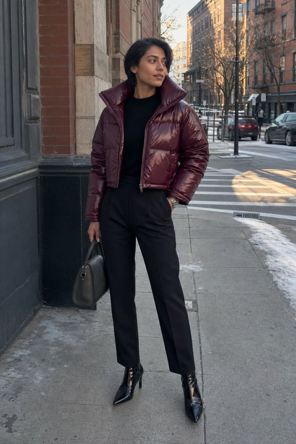 Woman wearing a glossy puffer with black trousers, a puffer jacket outfit