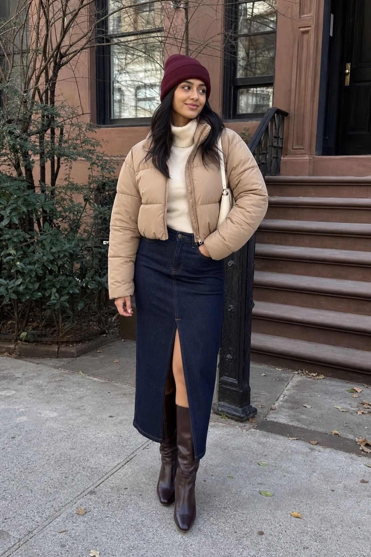 Woman wearing a puffer with a denim maxi skirt, a puffer jacket outfit
