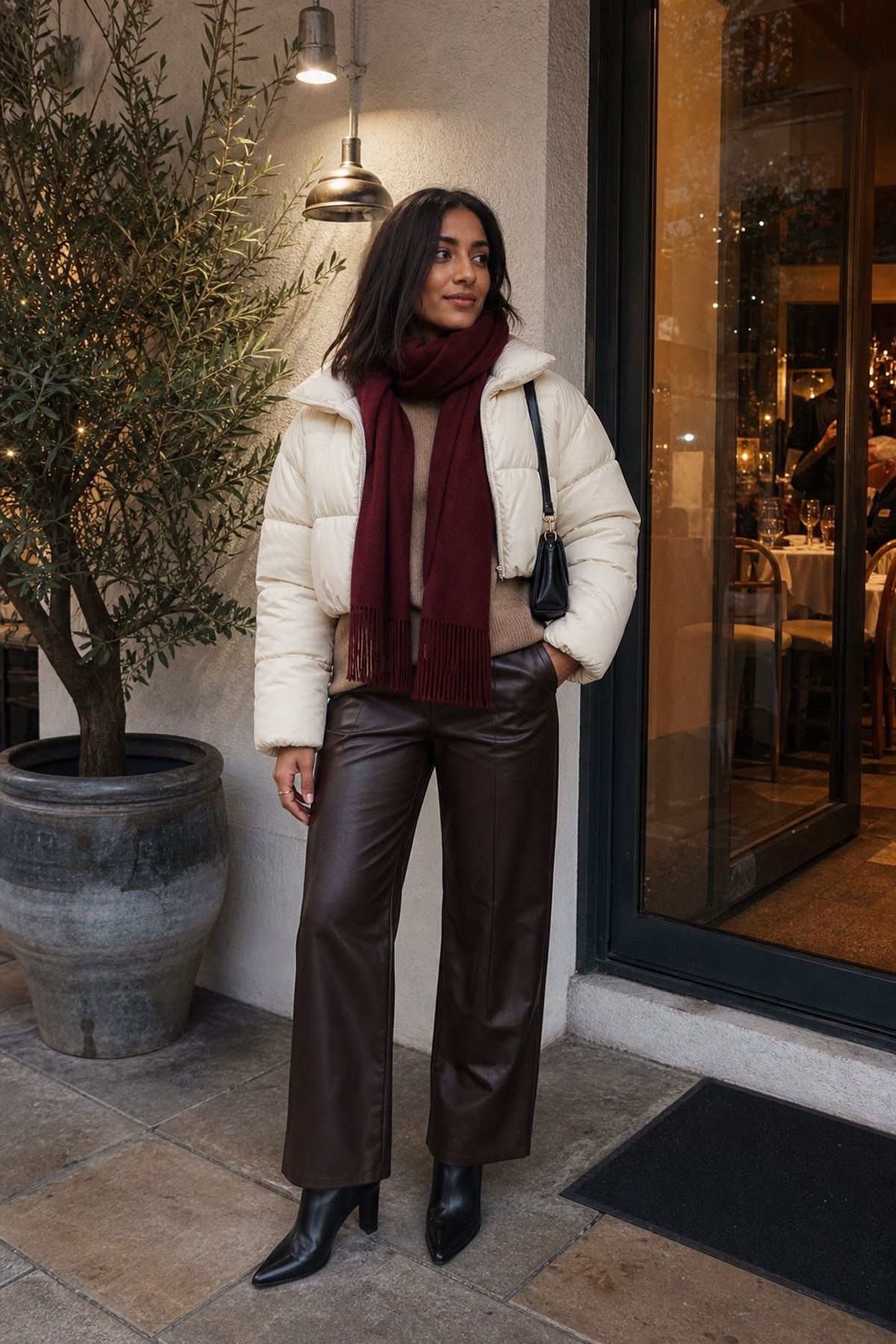 Woman wearing a puffer with leather pants, a puffer jacket outfit