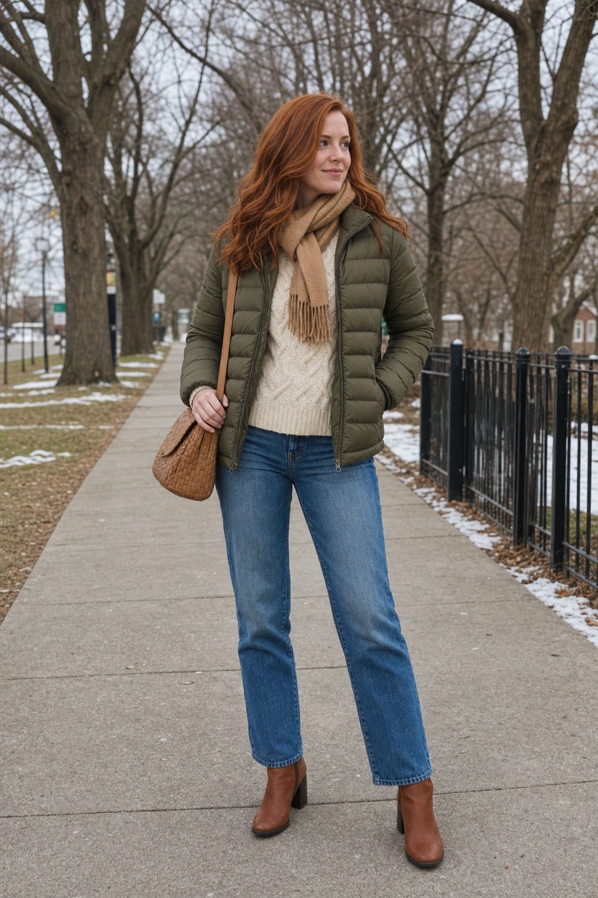 Woman wearing a quilted puffer with blue jeans, a puffer jacket outfit