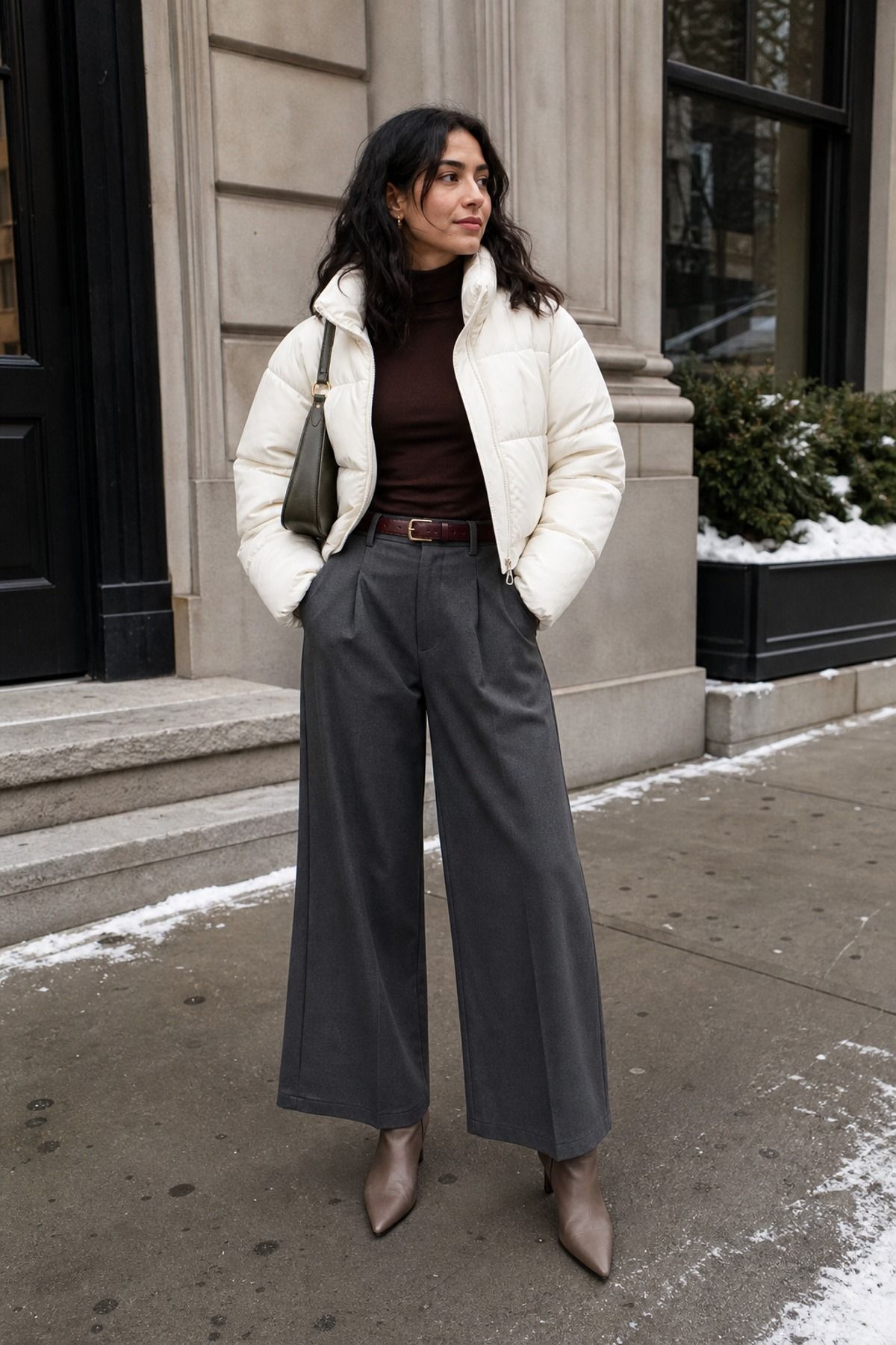 Woman wearing a puffer with wide-leg trousers, a puffer jacket outfit