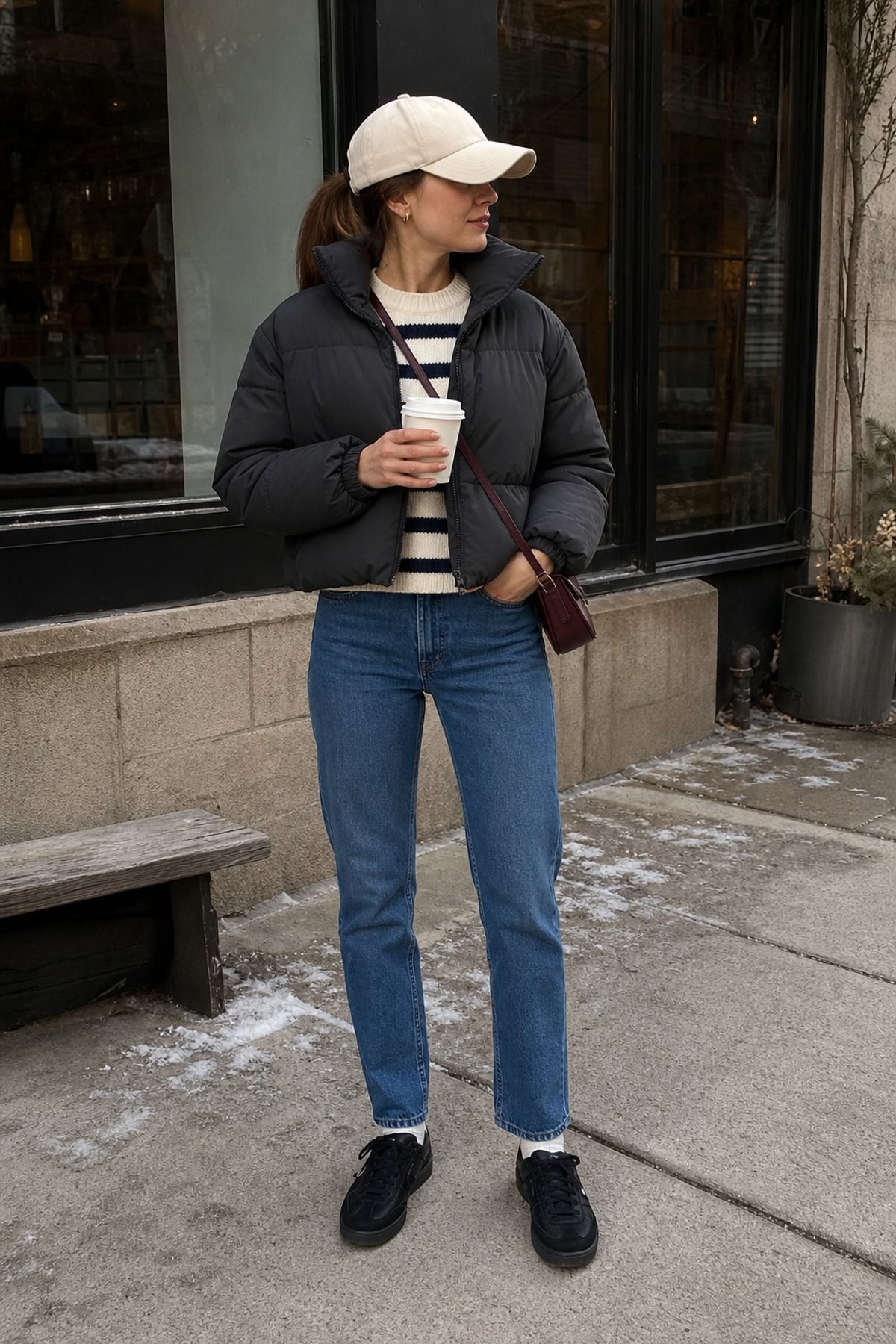 Woman wearing a puffer with a baseball cap, a puffer jacket outfit