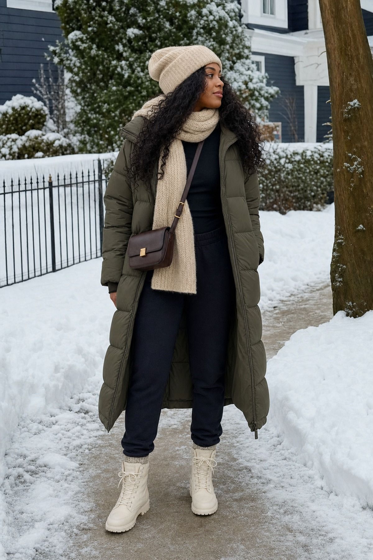 Woman wearing a puffer with snow boots, a puffer jacket outfit
