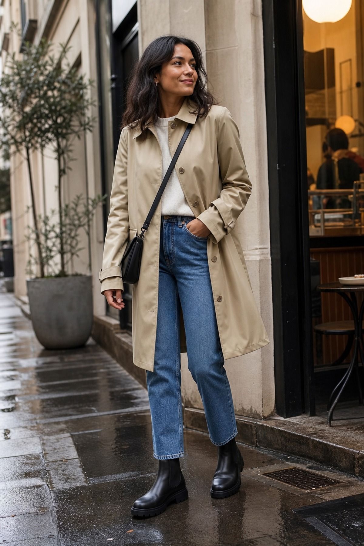 Woman wearing a waterproof trench with straight jeans, a rainy day outfit