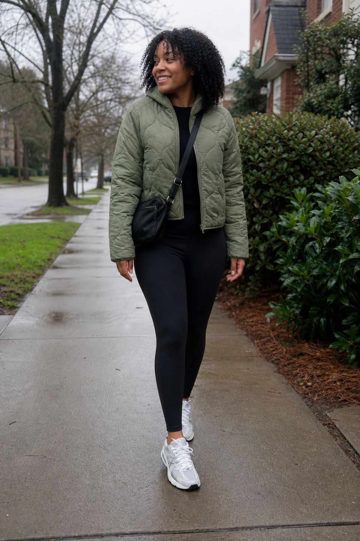 Woman wearing a quilted jacket with black leggings, a rainy day outfit