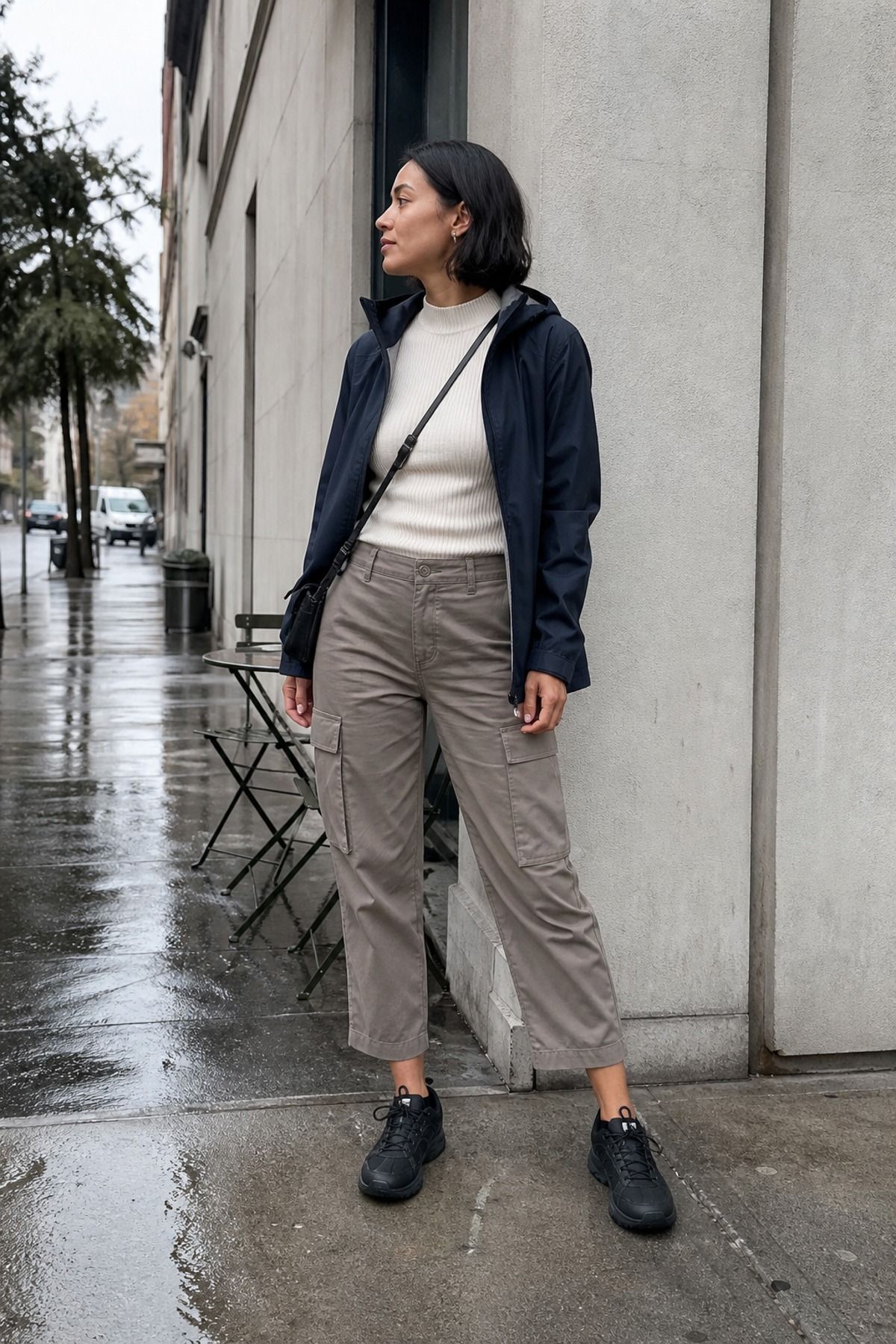 Woman wearing cargo pants with a fitted knit, a rainy day outfit