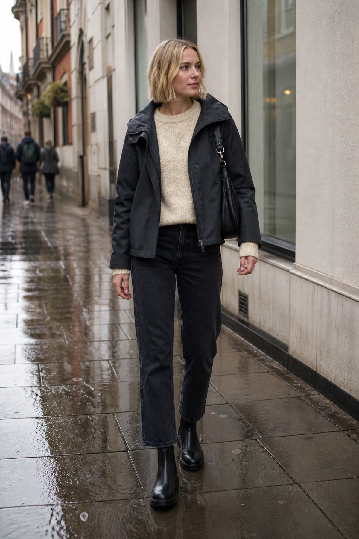 Woman wearing dark jeans with a rubber Chelsea boot, a rainy day outfit