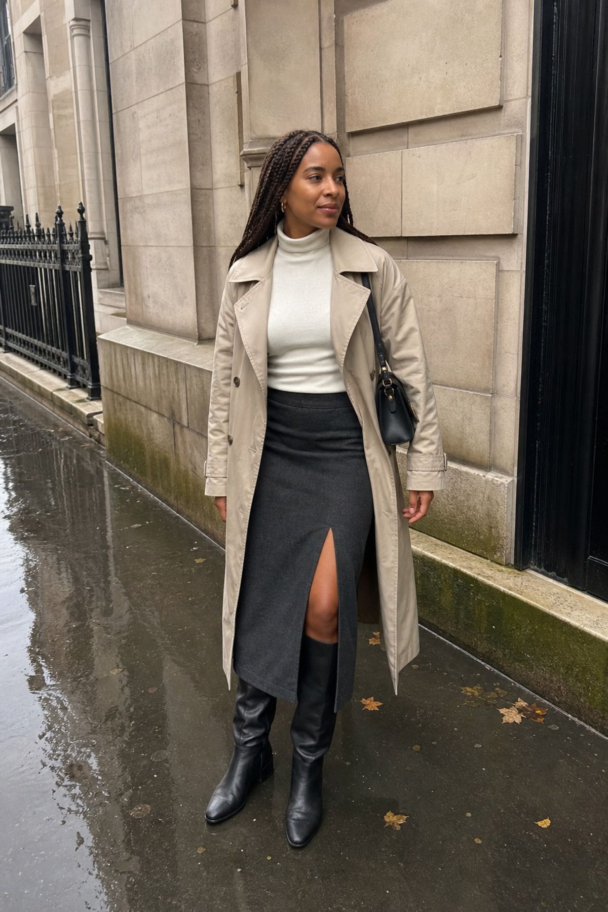 Woman wearing a midi skirt with tall boots and a trench, a rainy day outfit