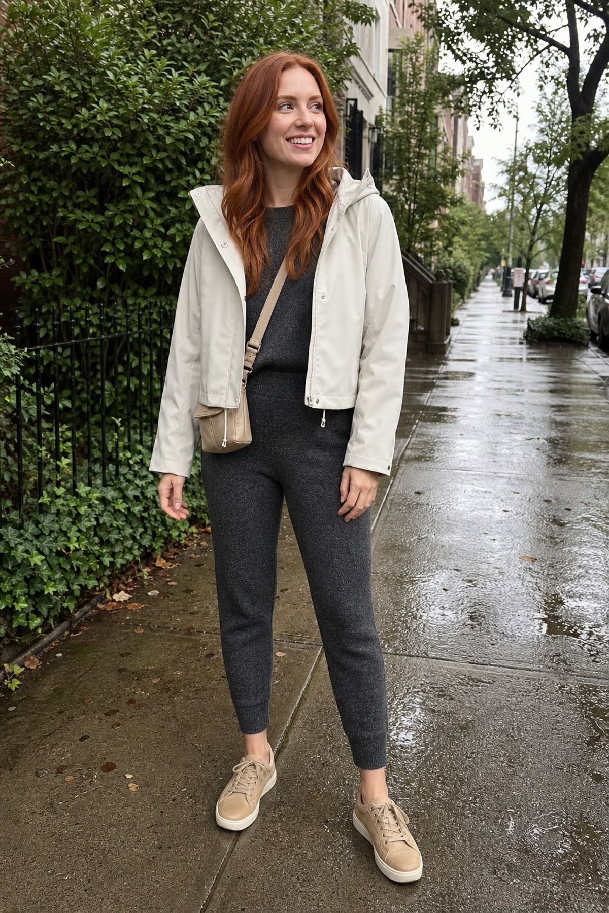 Woman wearing waterproof sneakers with a knit set, a rainy day outfit