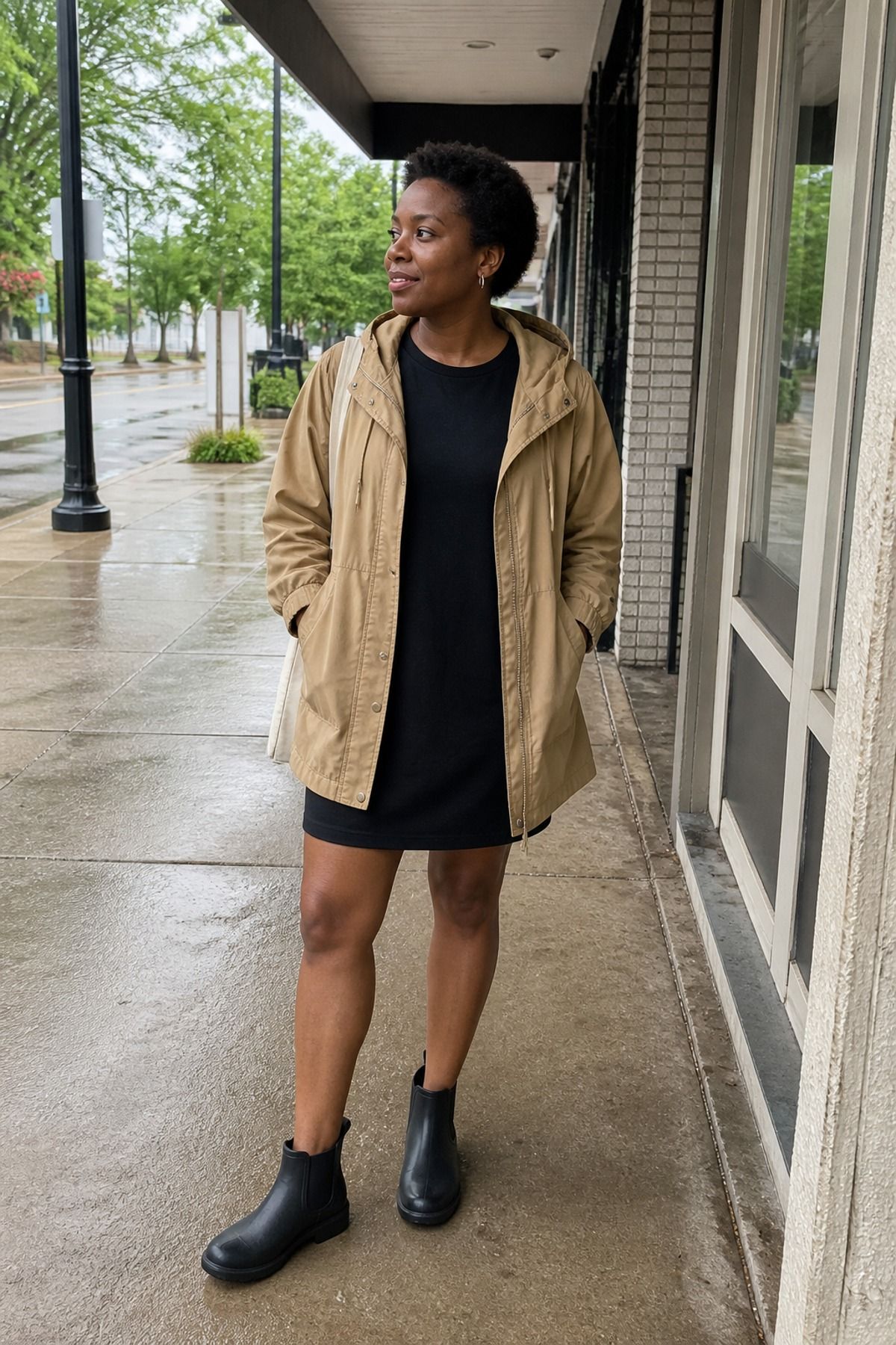 Woman wearing an anorak with a tee dress, a rainy day outfit