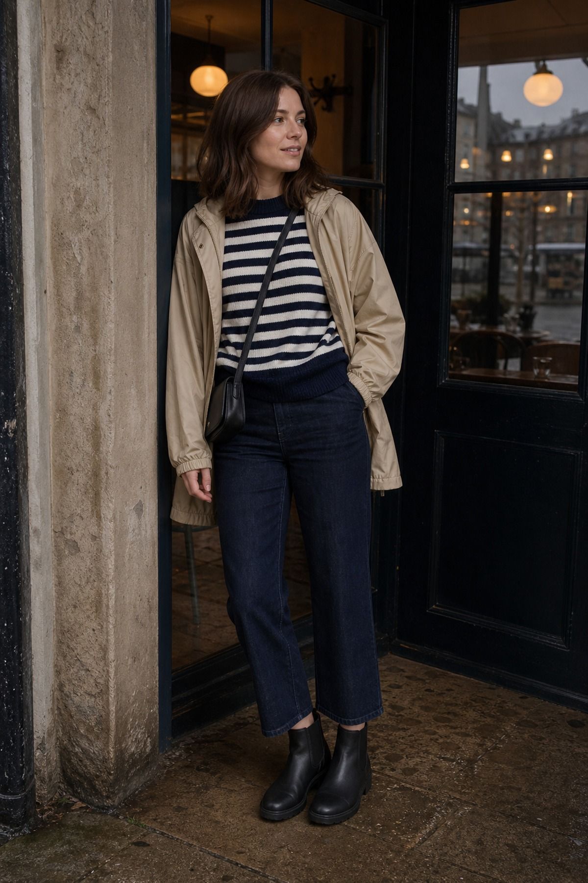 Woman wearing a striped sweater with dark denim, a rainy day outfit