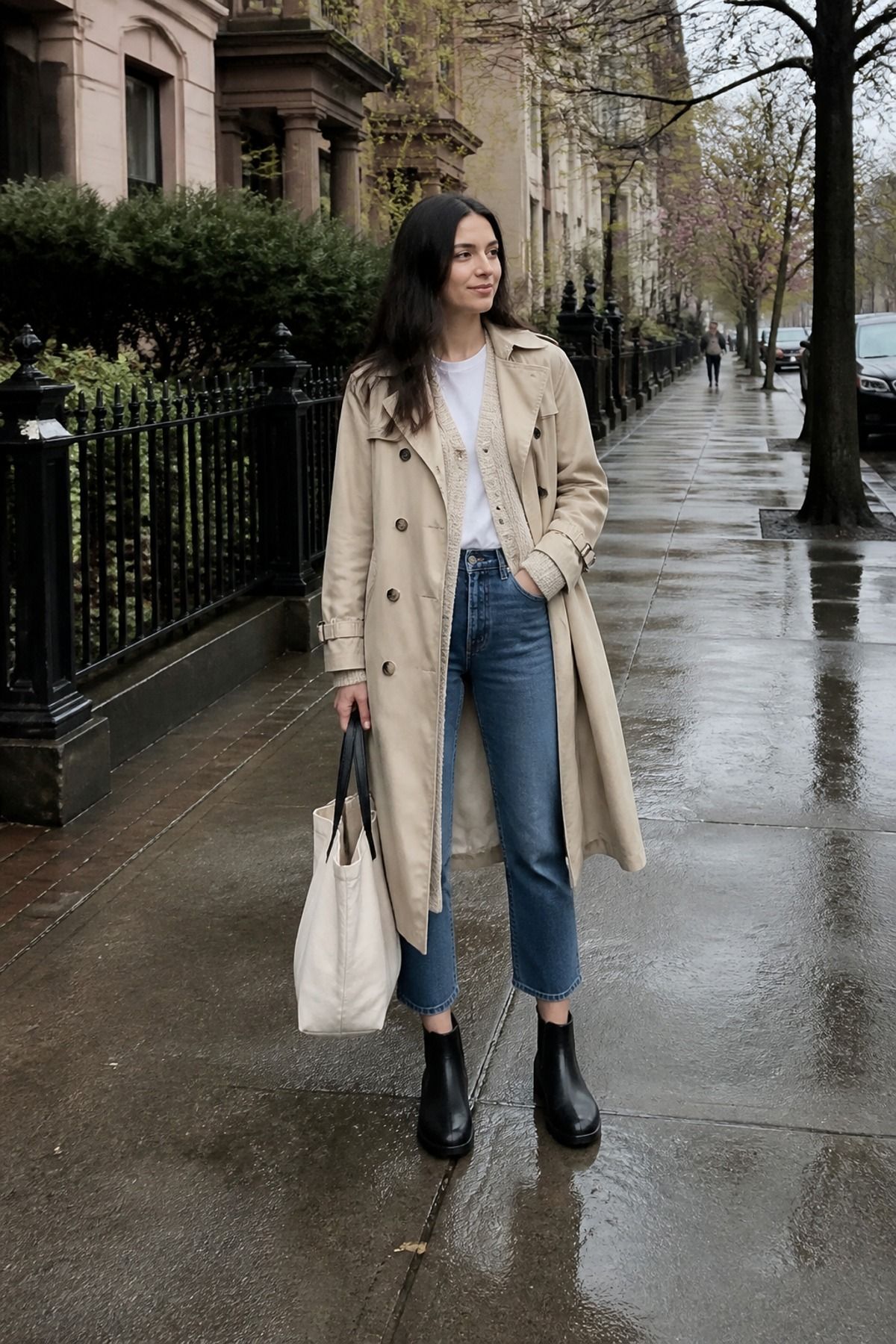 Woman wearing a long cardigan under a trench, a rainy day outfit
