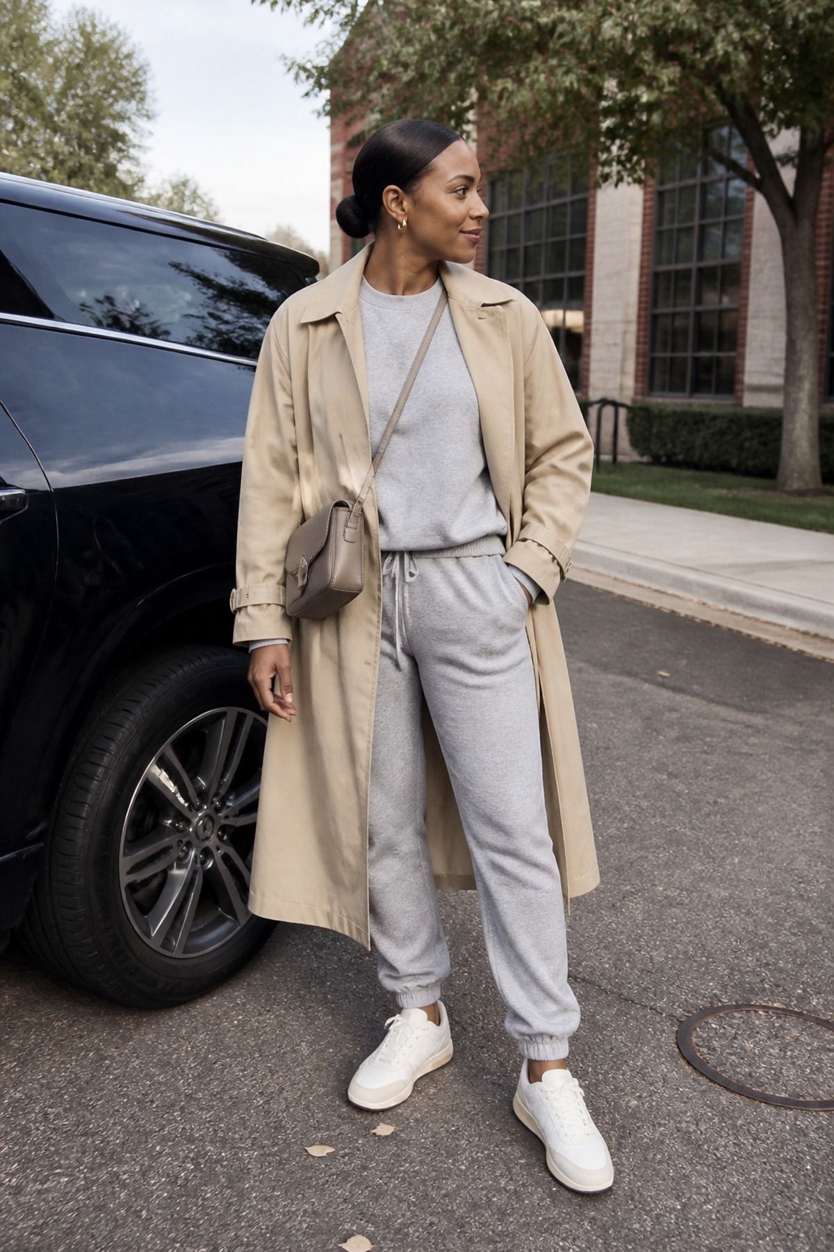 Woman wearing a matching sweat set with a trench, a school drop off outfit
