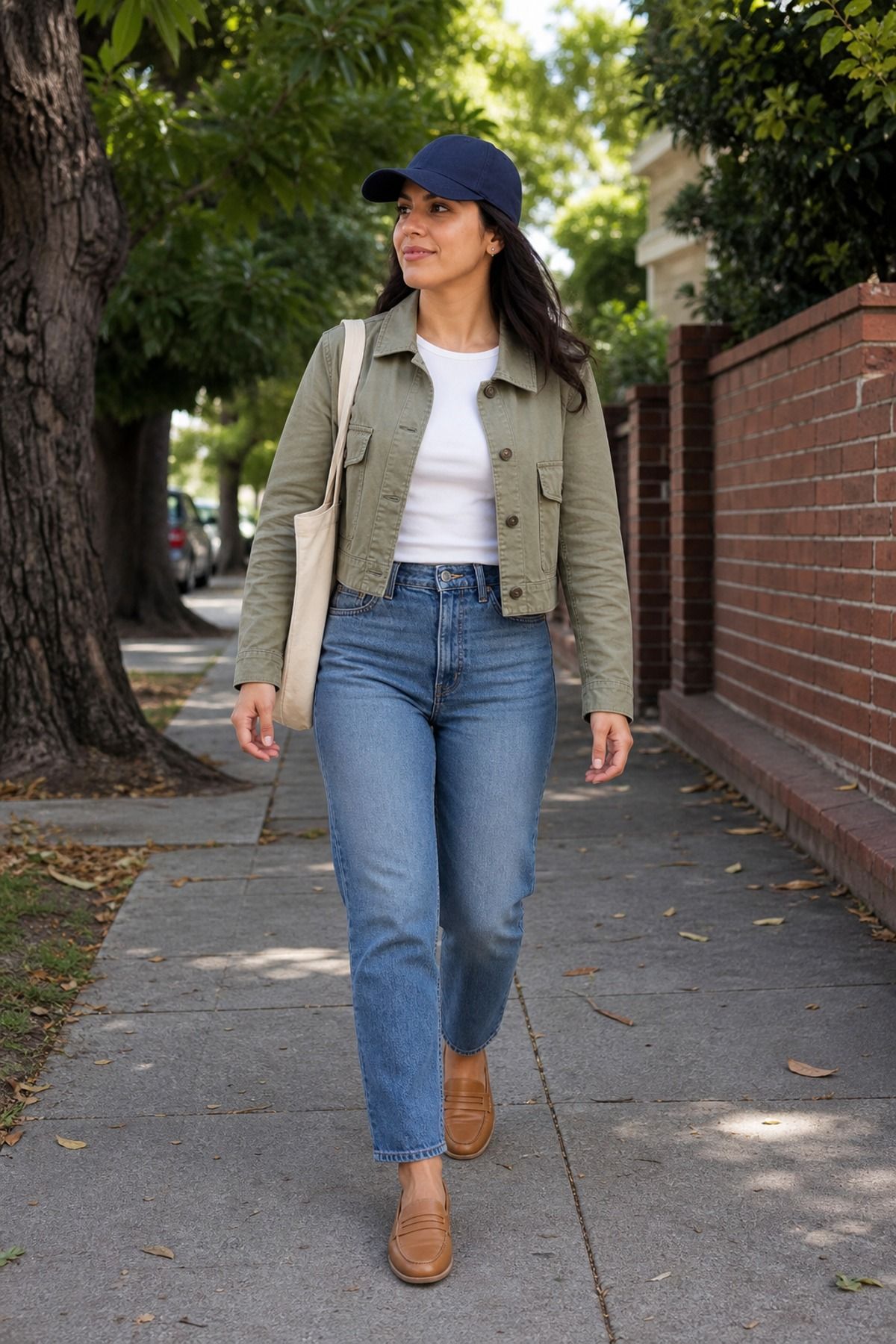 Woman wearing straight jeans with a baseball cap, a school drop off outfit