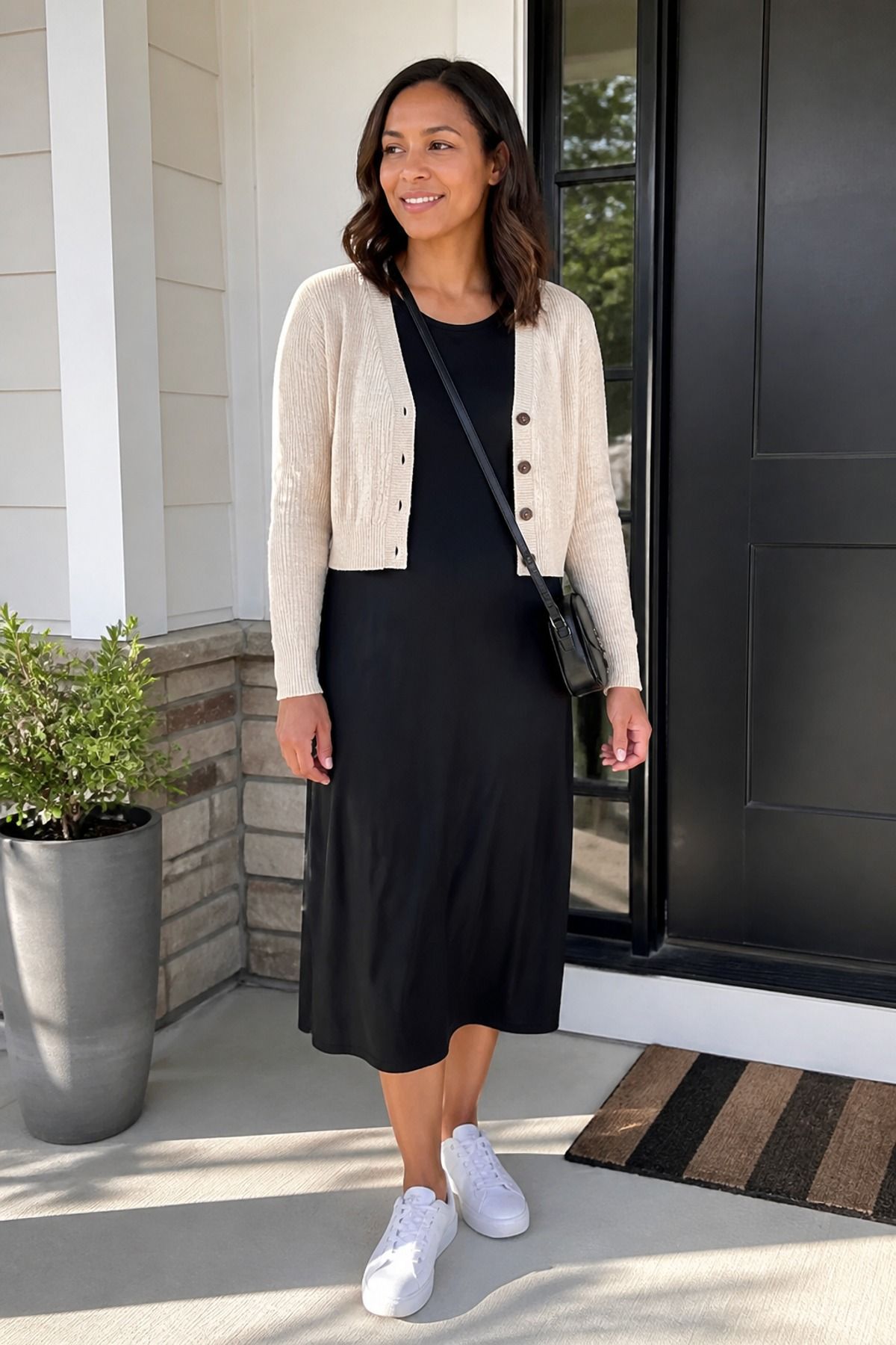 Woman wearing a t-shirt dress with a cardigan, a school drop off outfit