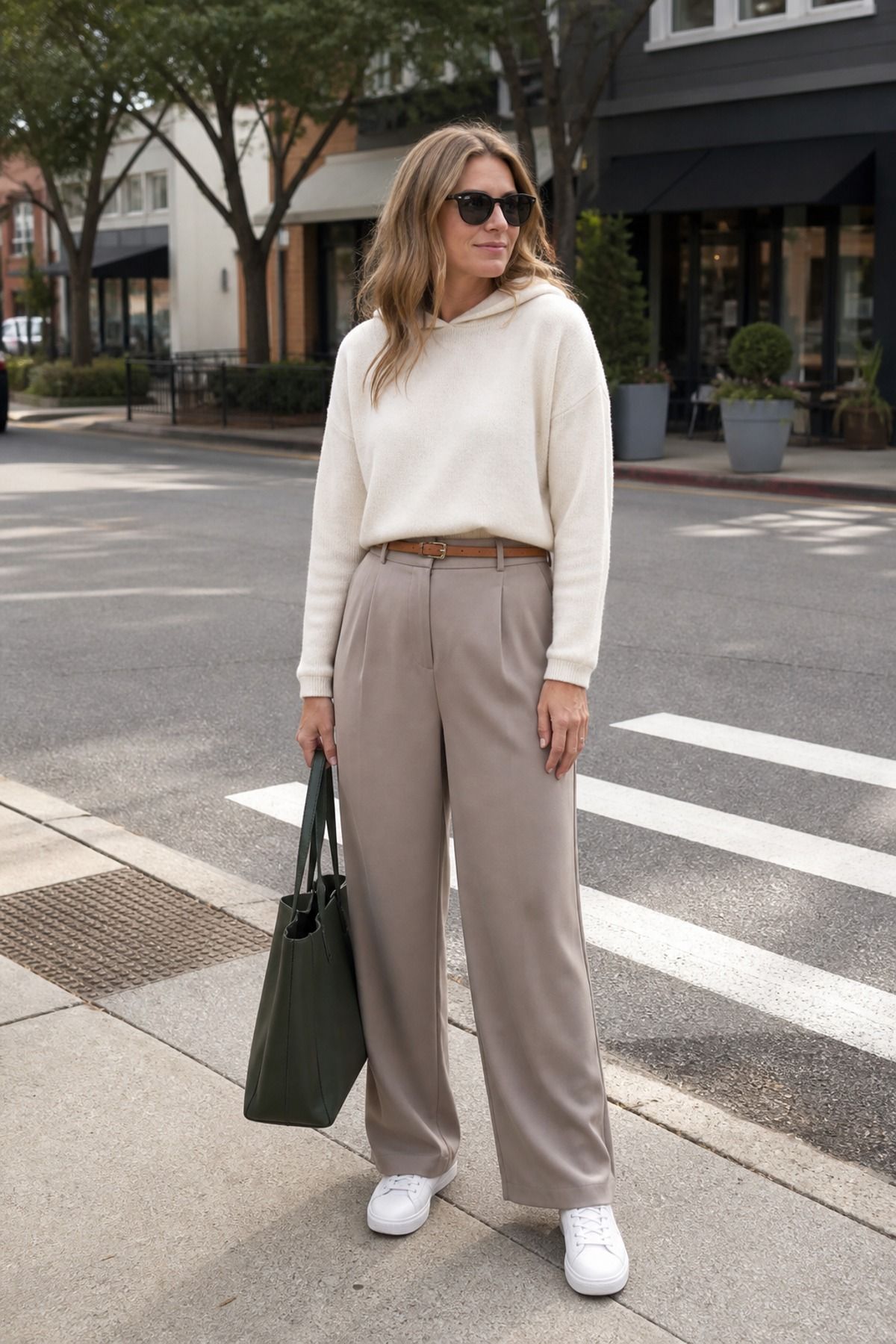 Woman wearing wide-leg pants with a cropped hoodie, a school drop off outfit