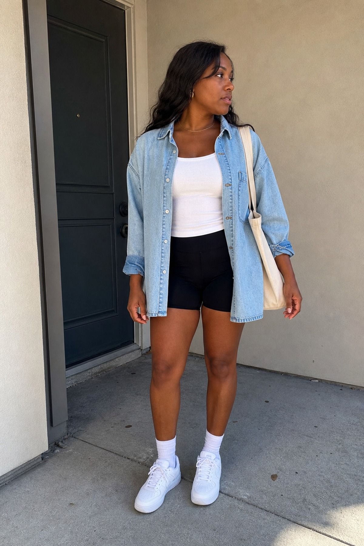Woman wearing a denim shirt with bike shorts, a school drop off outfit