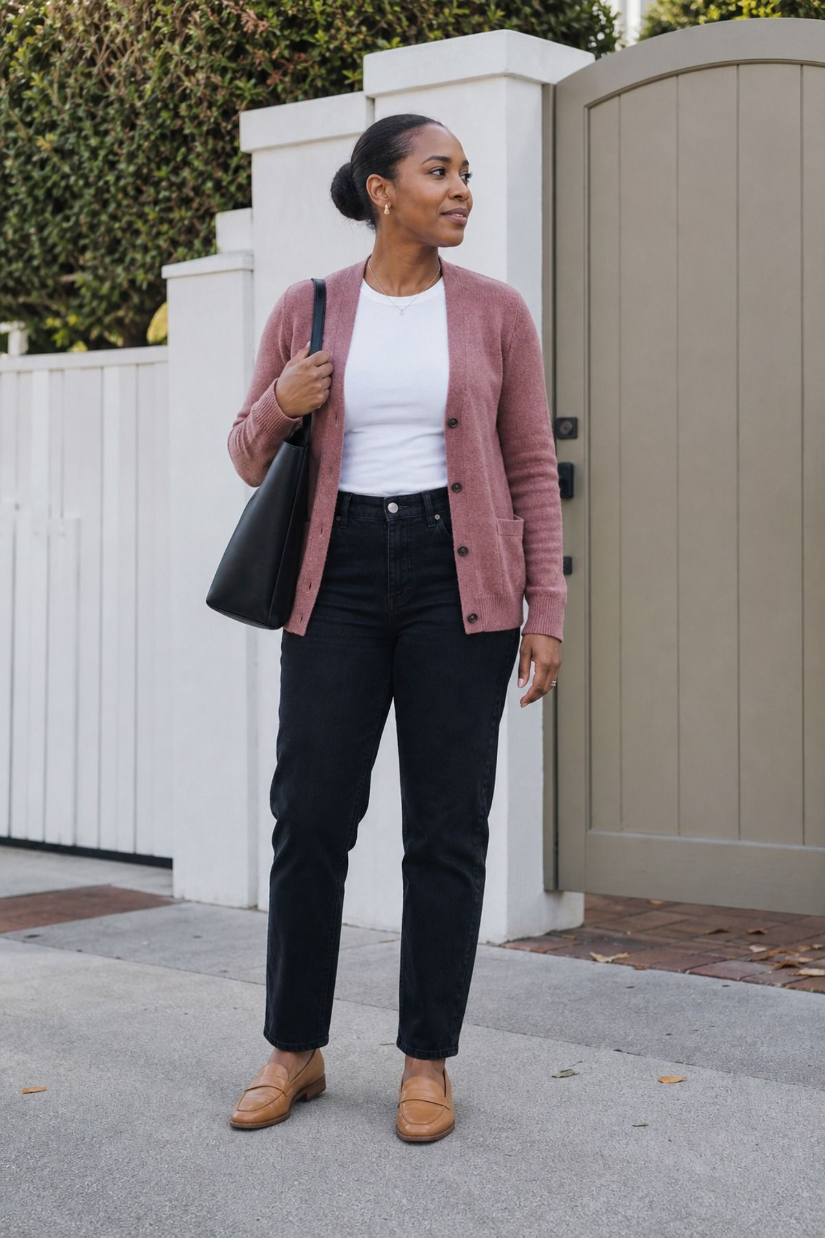 Woman wearing a cardigan with black jeans, a school drop off outfit