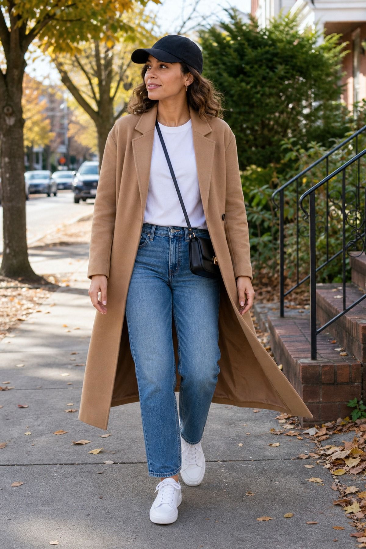 Woman wearing a long coat with sneakers and denim, a school drop off outfit