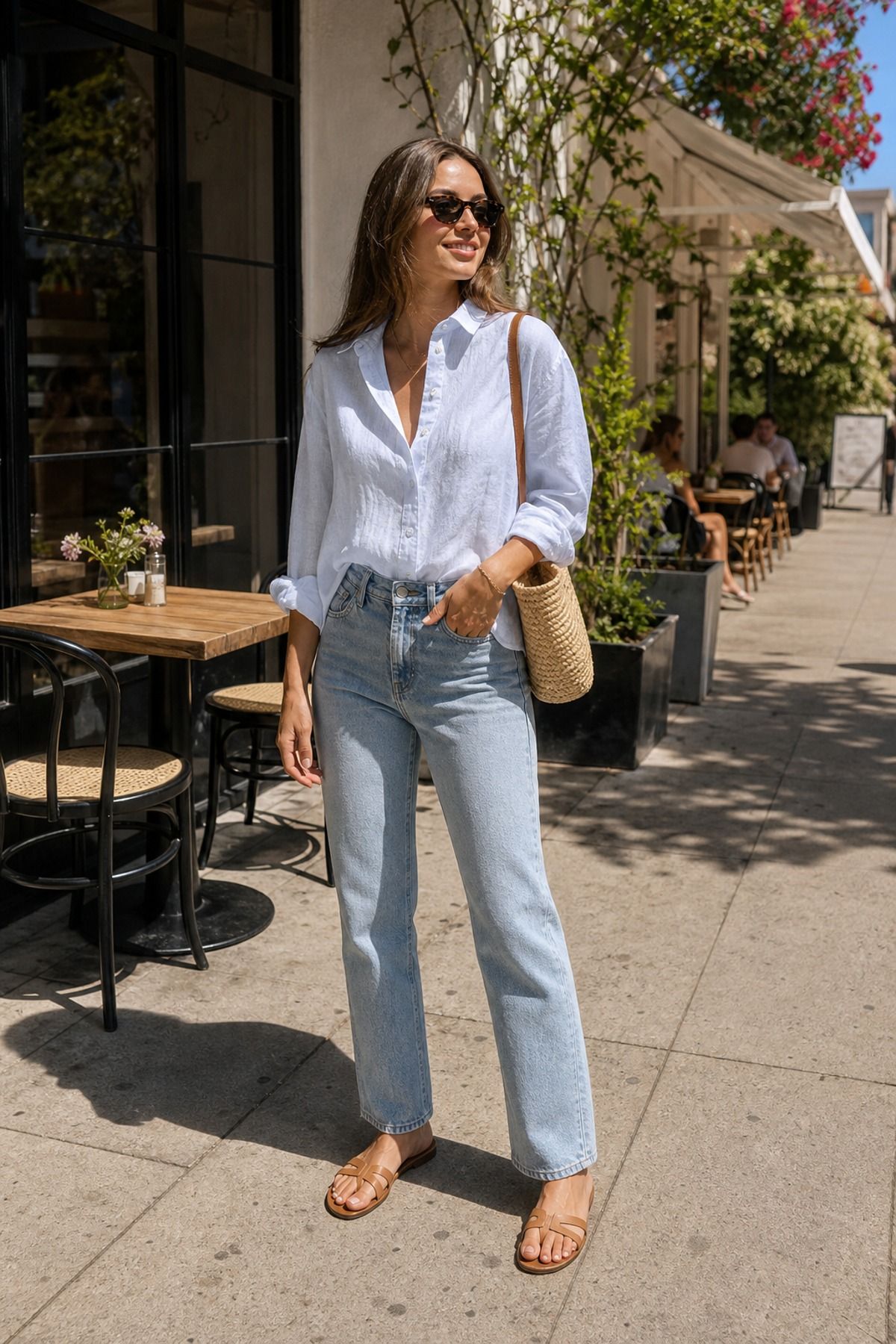 Woman wearing a linen shirt with straight jeans, a spring to summer outfit