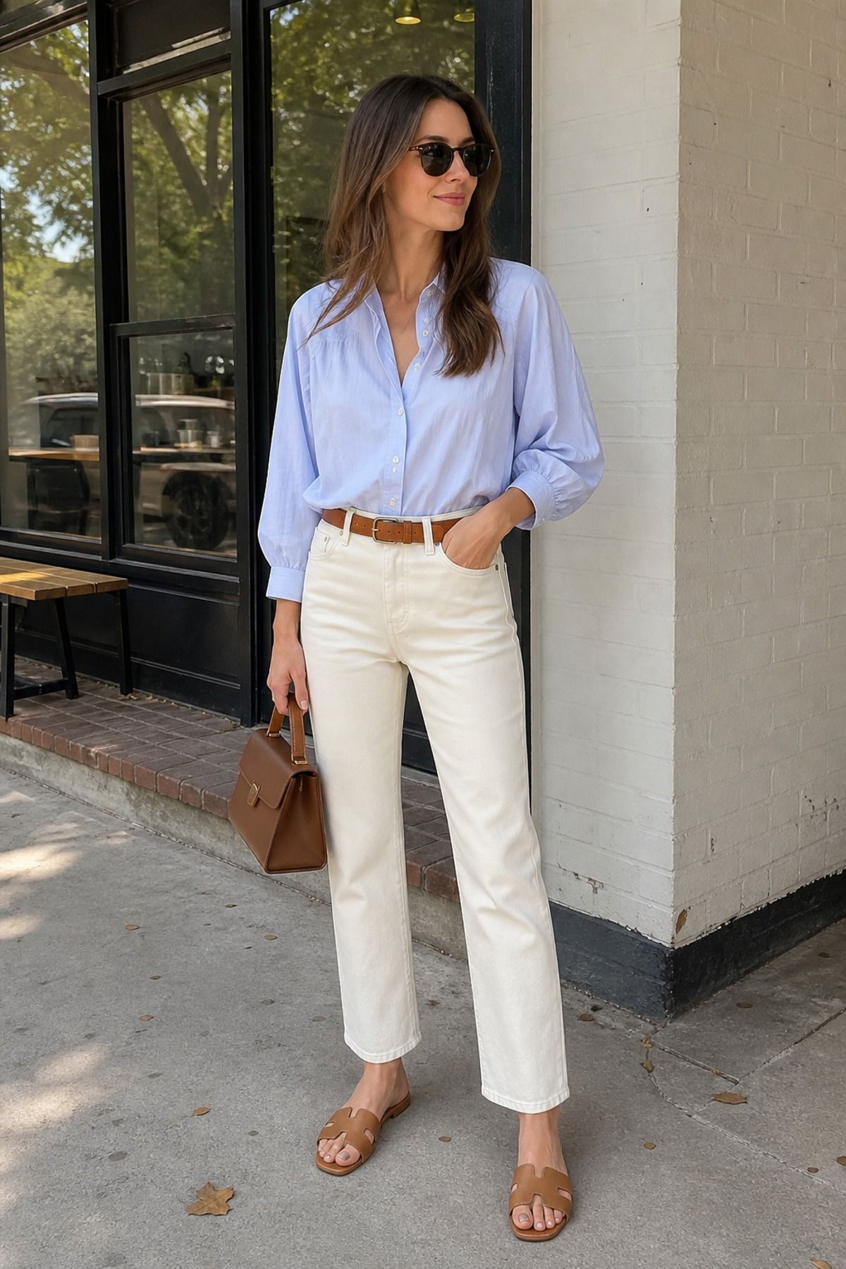 Woman wearing a cotton blouse with ecru denim, a spring to summer outfit