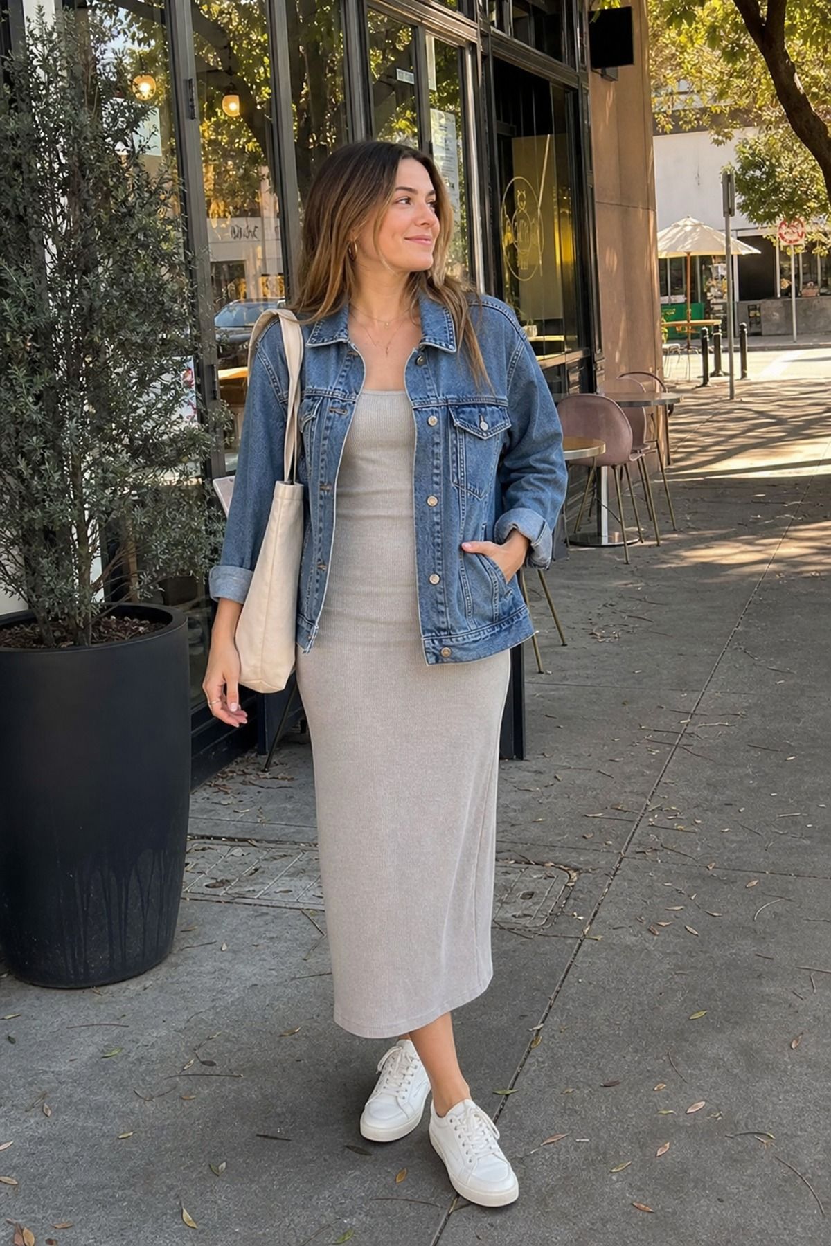 Tank Dress with a Denim Jacket outfit idea for 18 Best Summer to Fall Outfit Ideas for Warm Days, Cool Nights, and Better Layers.