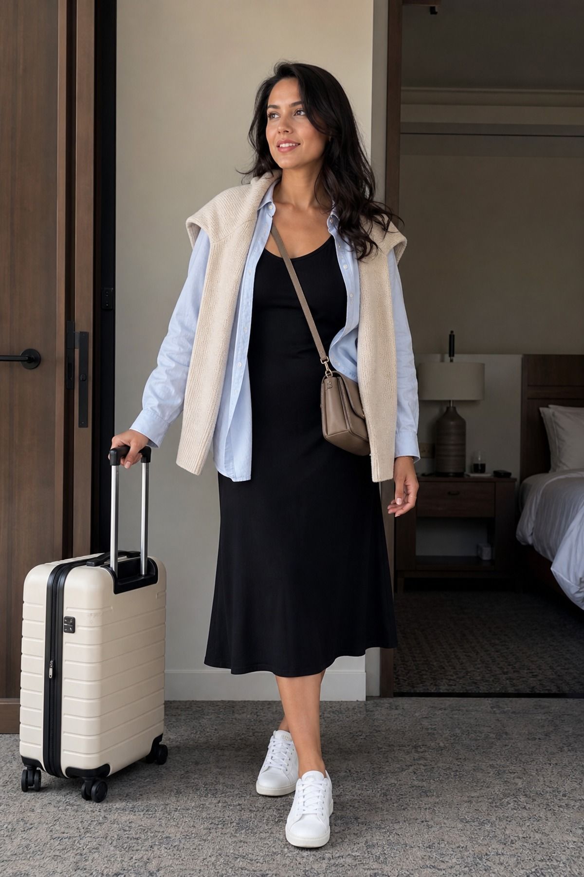 Woman wearing a tank dress with a linen shirt and cardigan, a travel layering outfit