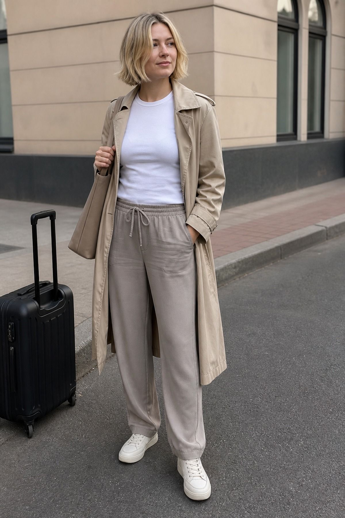 Woman wearing a tee with soft trousers and a trench, a travel layering outfit