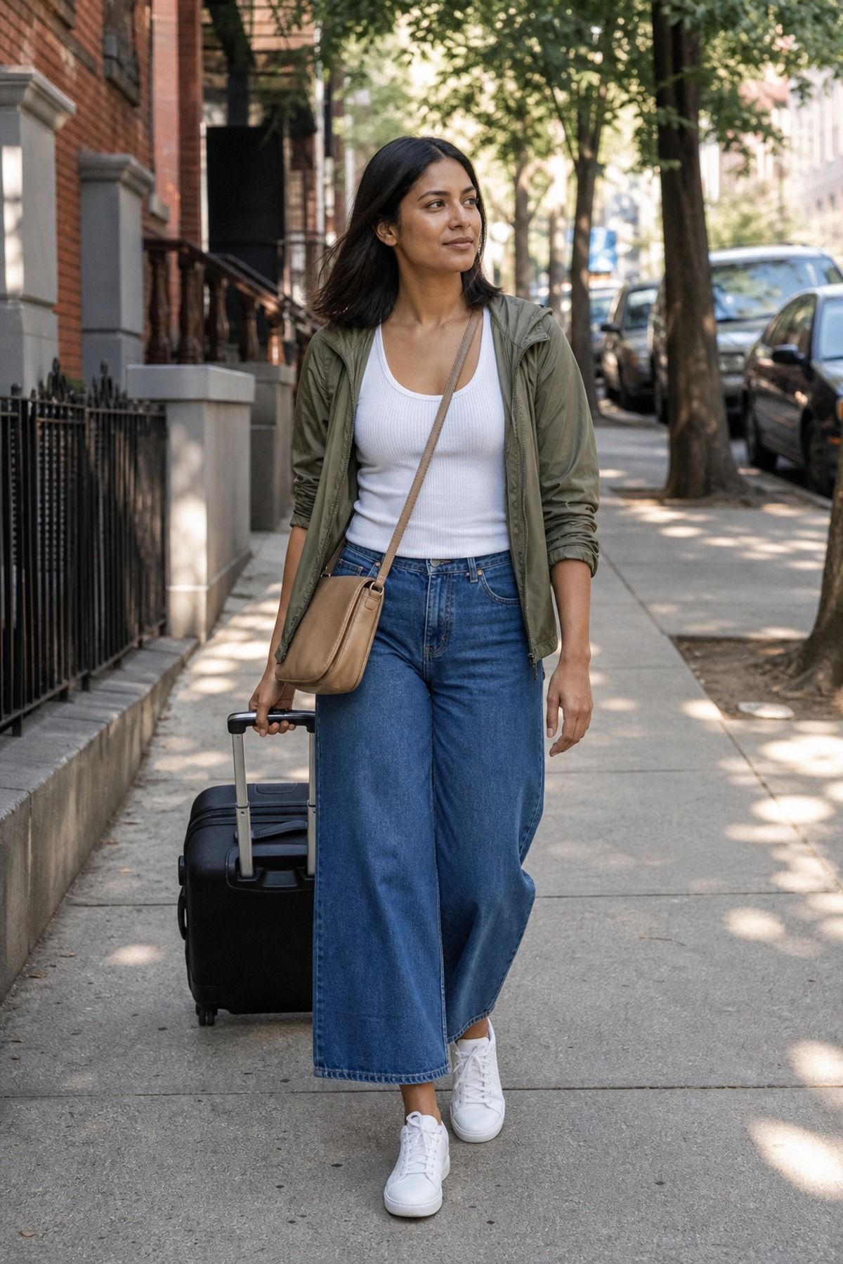 Woman wearing wide-leg jeans with a tank and packable jacket, a travel layering outfit