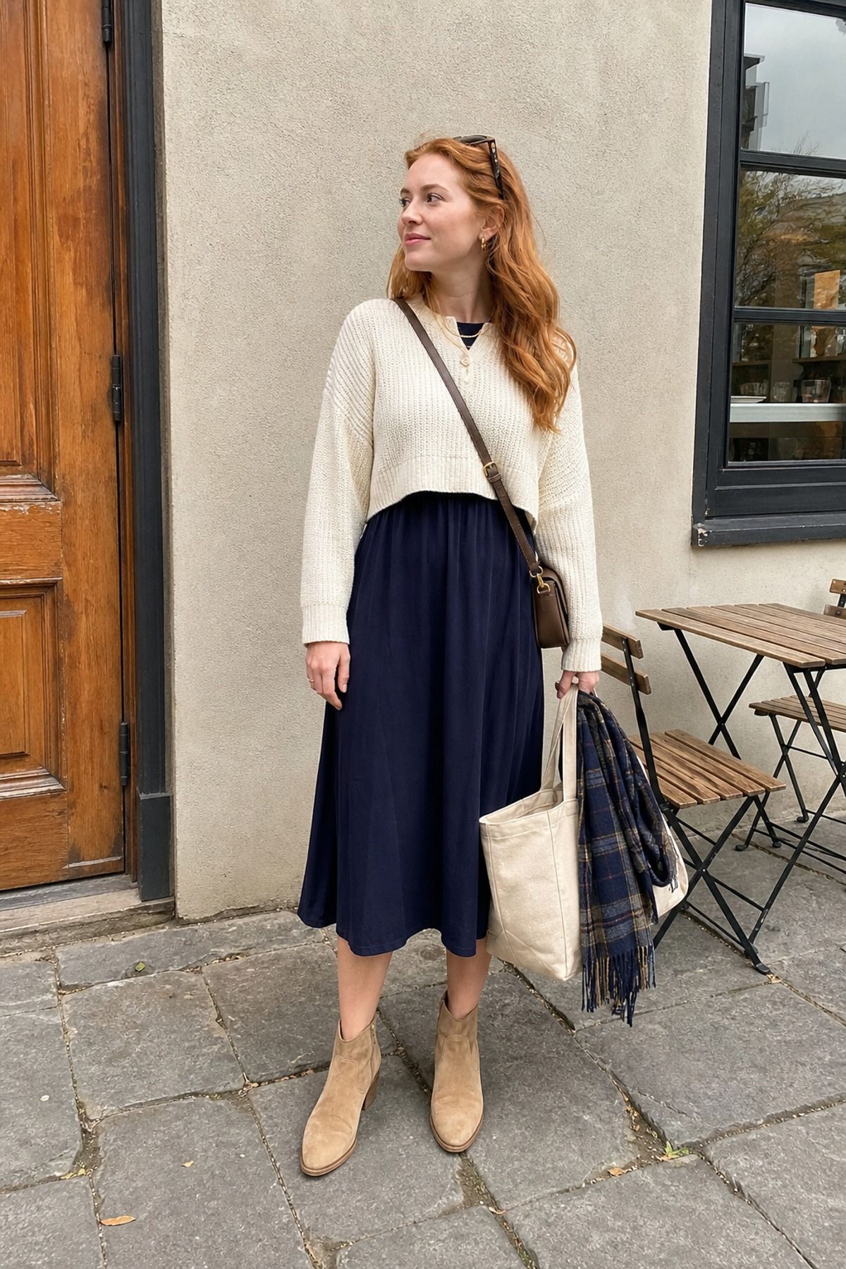 Woman wearing a midi dress with a cropped sweater, a travel layering outfit