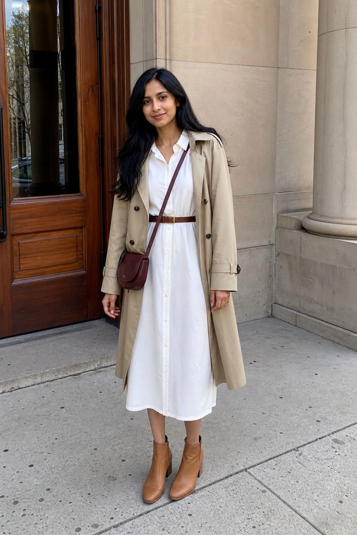 Woman wearing a button down dress with a trench, a travel layering outfit