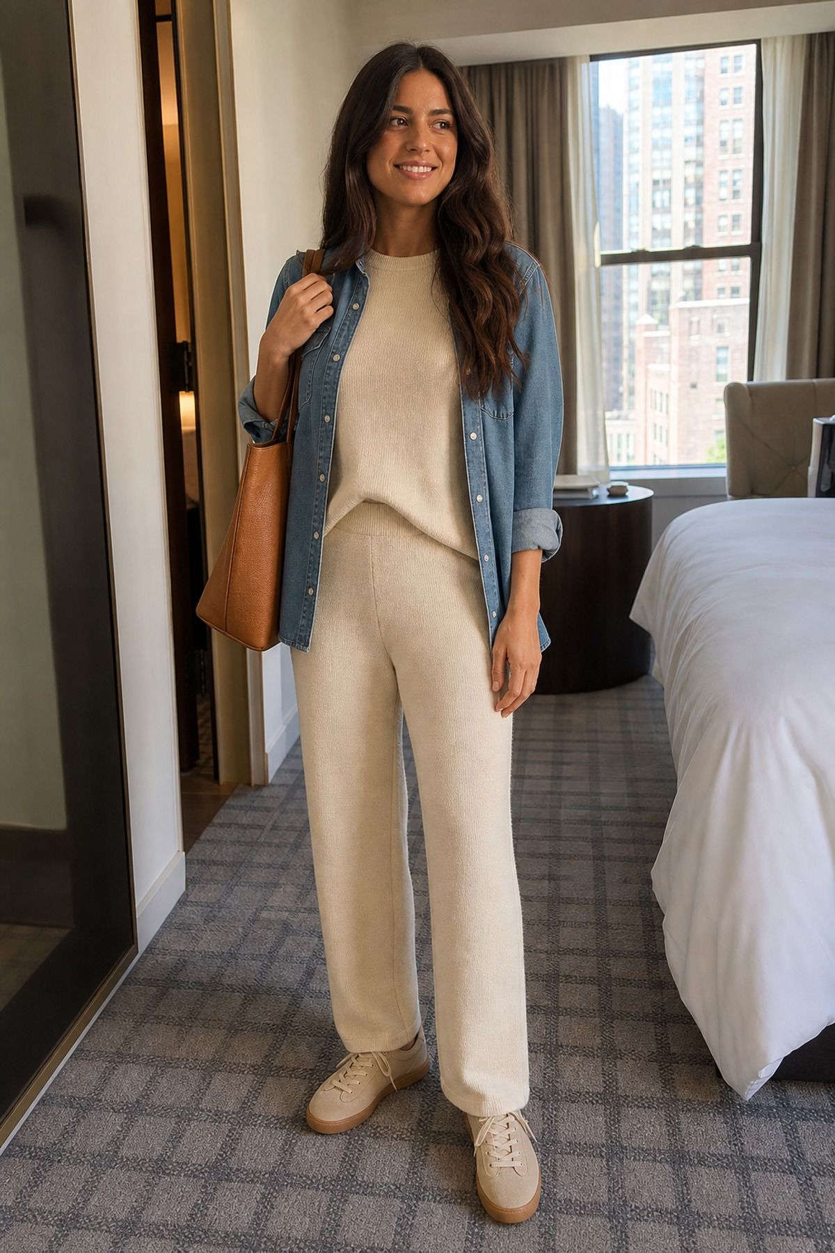 Woman wearing a matching set with a denim shirt, a travel layering outfit