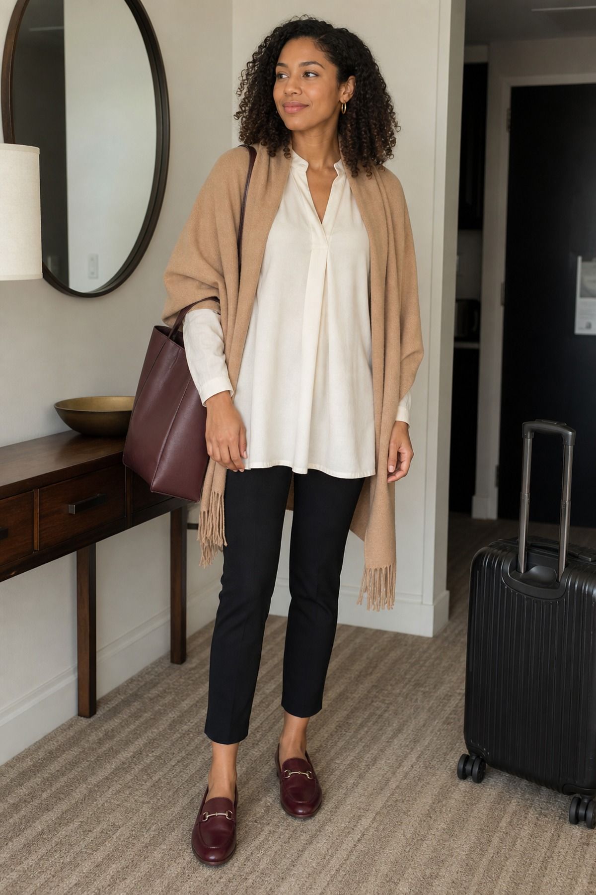 Woman wearing ponte pants with a tunic and wrap, a travel layering outfit