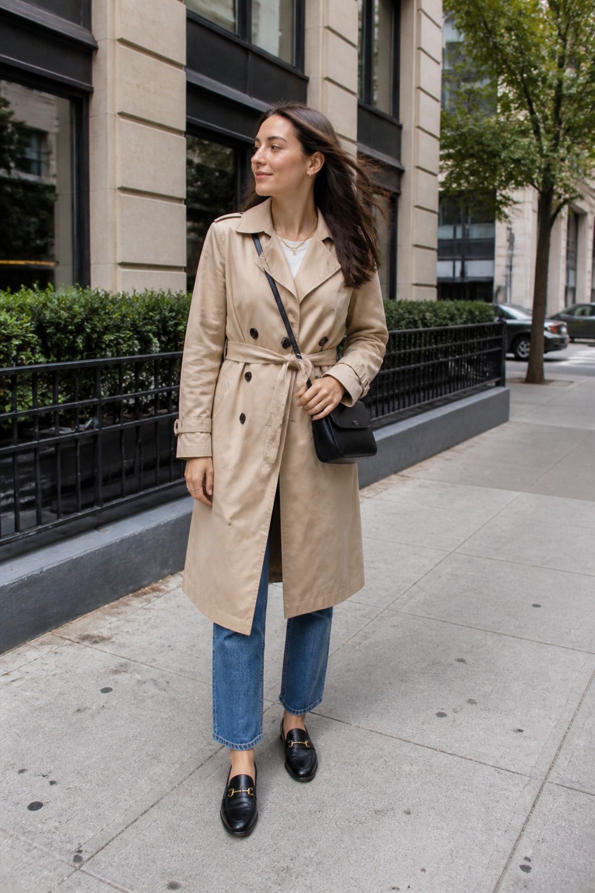 Woman wearing a trench coat with straight jeans, a windy day outfit