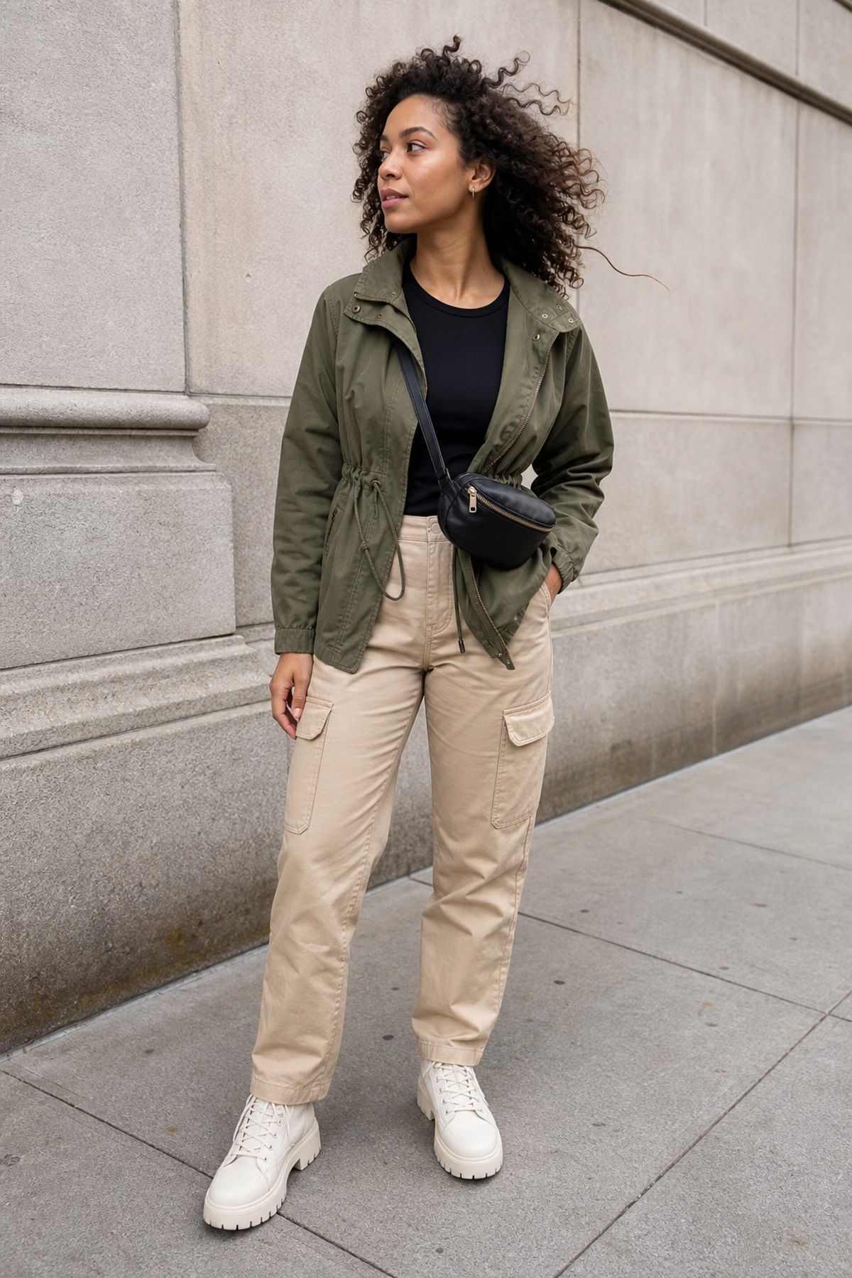 Woman wearing an utility jacket with cargo pants, a windy day outfit