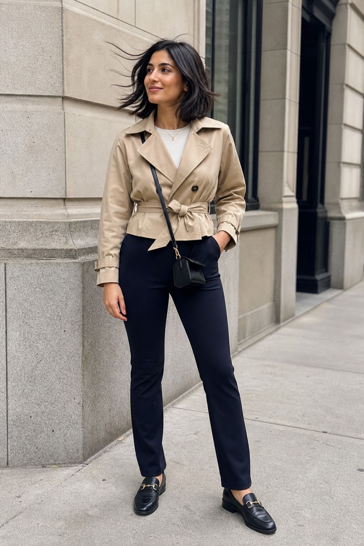 Woman wearing ponte pants with a cropped trench, a windy day outfit