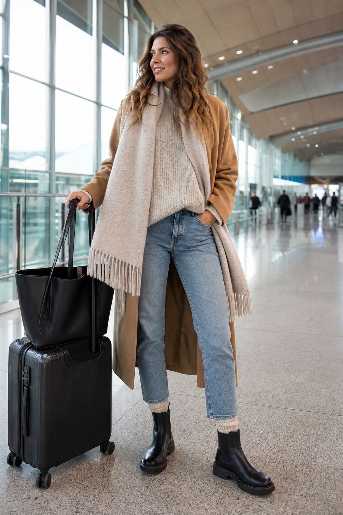 Woman wearing Chelsea boots with warm socks, a winter airport outfit