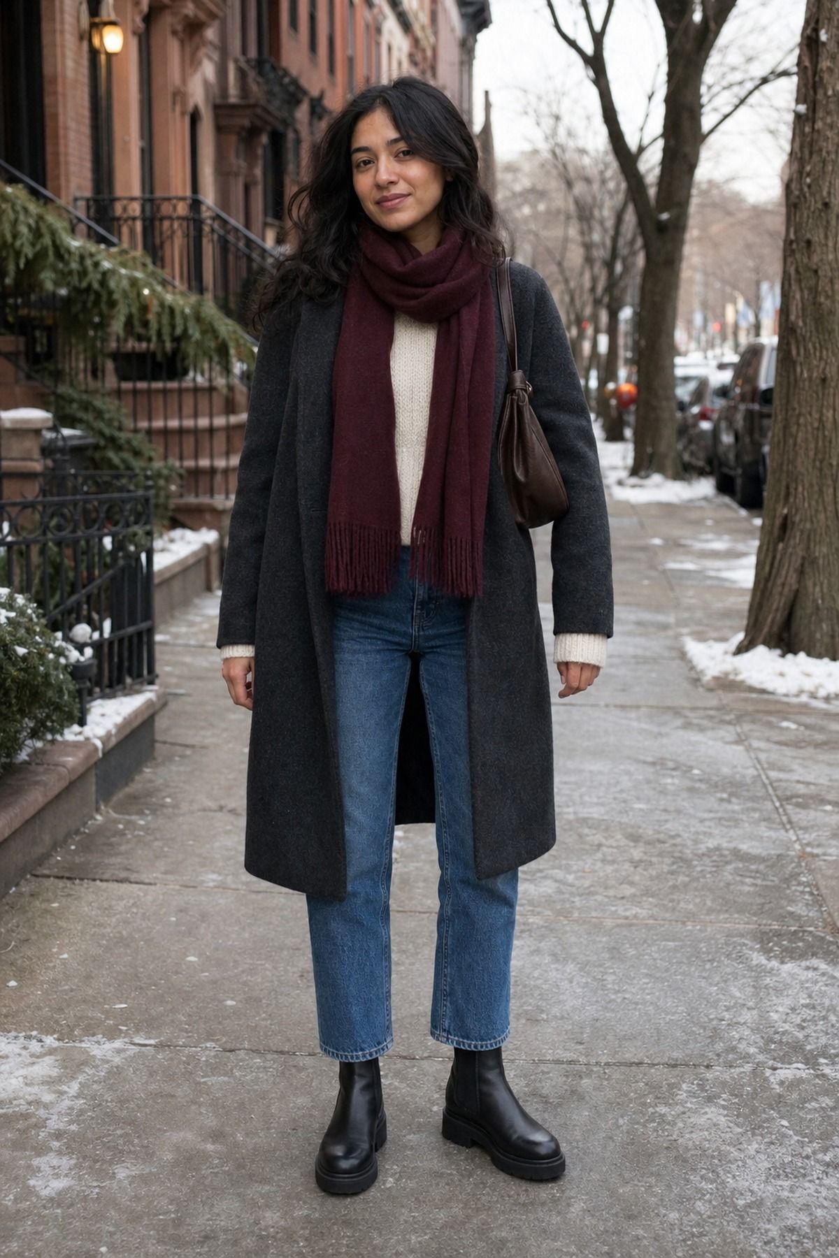 Woman wearing Chelsea boots with straight jeans, a winter boots outfit
