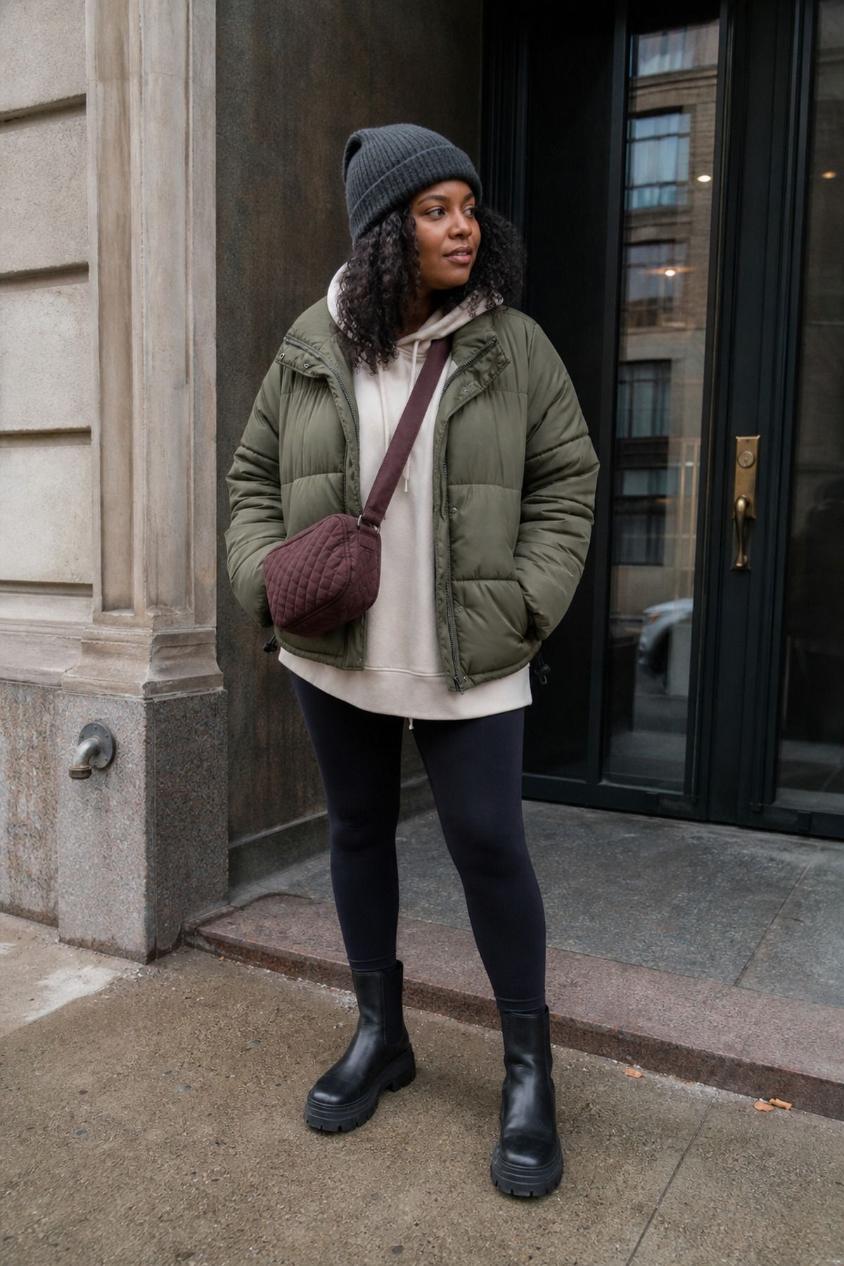 Woman wearing lug-sole boots with leggings, a winter boots outfit