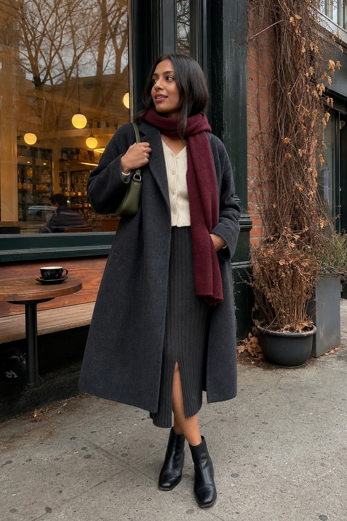 Woman wearing ankle boots with a midi skirt, a winter boots outfit