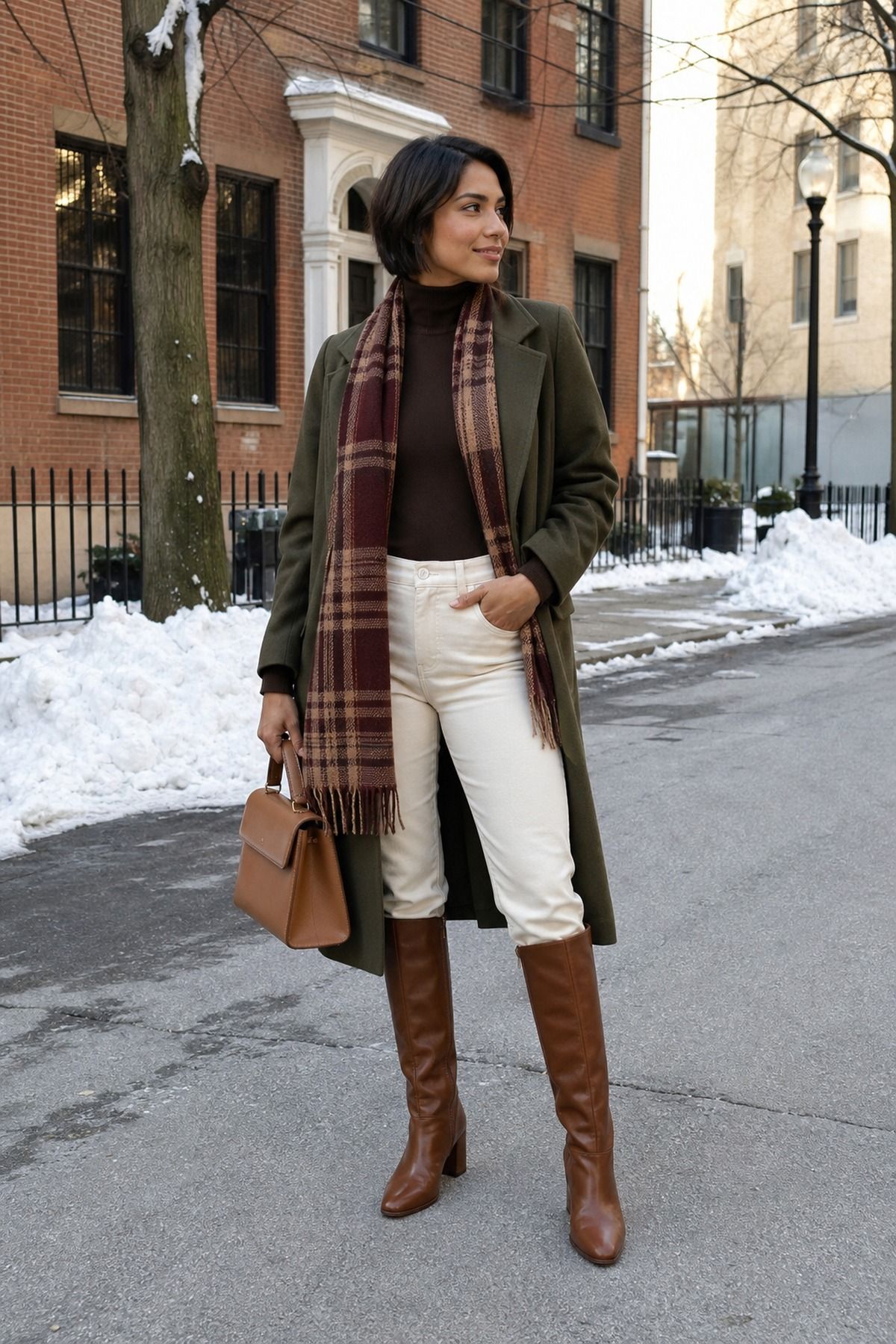 Woman wearing tall brown boots with cream denim, a winter boots outfit